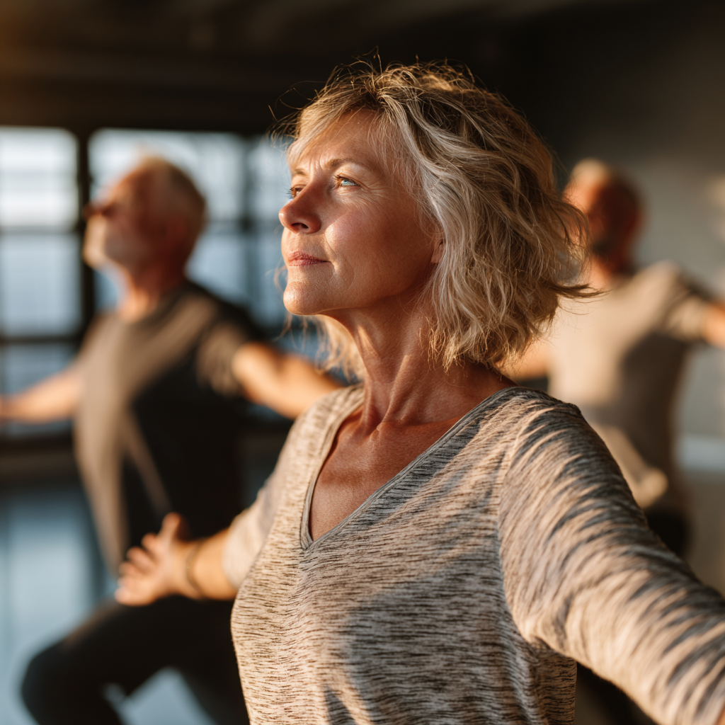 Middle-aged adults practicing mindful movement exercises in natural light