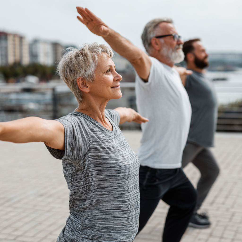 Older adults exercising flexibly at home and outdoors, showing different workout settings